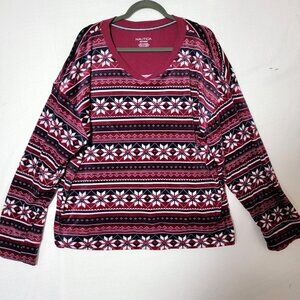 Nautica Womens Long Sleeve Pajama Top Sz XXL Burgundy White Fair Isle Cabincore